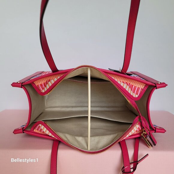 KATE SPADE Market Striped Woven Straw Medium Tote Bag-Wild Raspberry Multi ⭐ - Picture 14 of 16